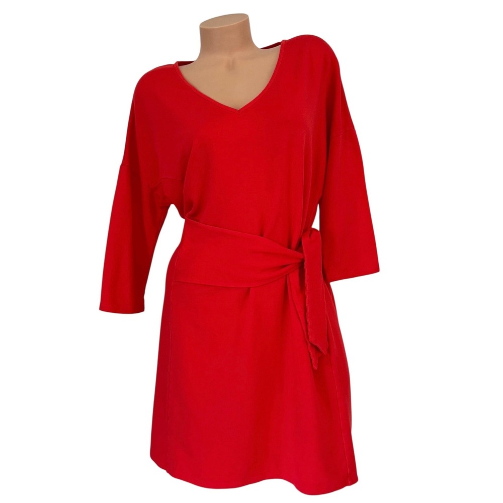 Tommy Bahama Womens LARGE Red V-Neck Tie Waist Knit Dress 3/4 Sleeve Knee Length